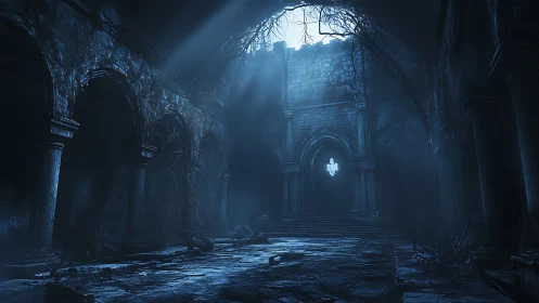 Nocturnal volumetric light in decayed gothic nave ruins.