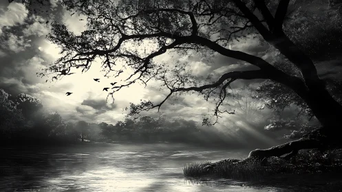 Moonlit forest lake captures branching silhouette and mist