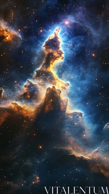 Towering nebula spire amid blue ionized gas and stars.