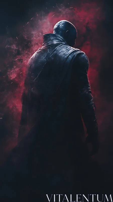 Hooded figure stands in red smoke with dramatic backlight