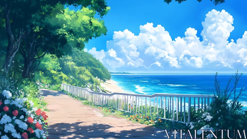 Coastal walkway with railing, trees, flowers, and sea view.