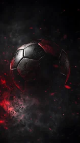 Dark textured soccer ball with red particles in motion.