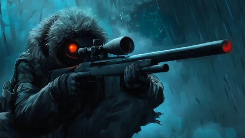 Anthropomorphic creature with rifle and illuminated optical systems in rain