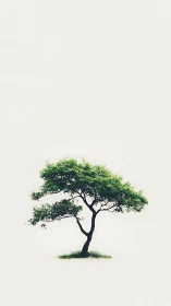 Solitary green tree stands calmly in a serene white void