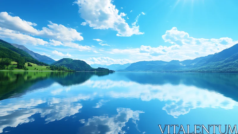 Sunlit mountain lake mirroring bright clouds in calm blue.