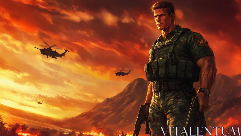 Sunset commando stands unbroken beneath burning war skies.