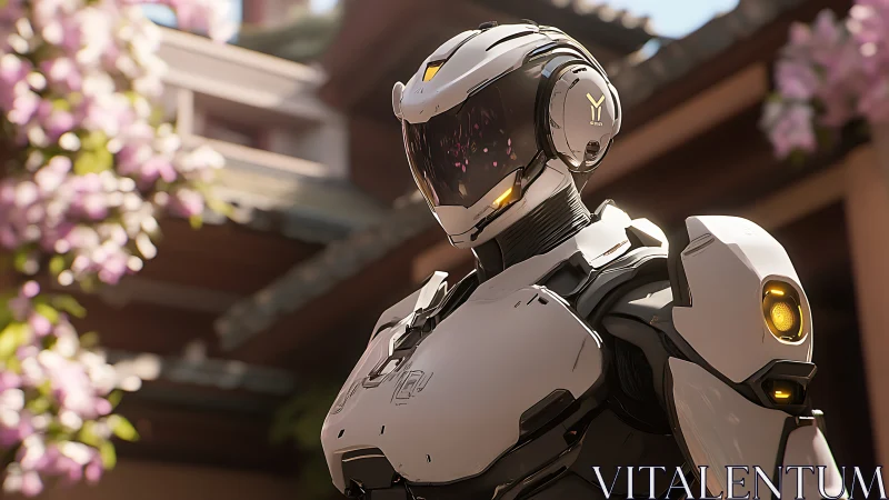 Gentle white robot enjoying a peaceful cherry blossom garden.