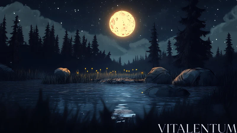 Full moon over quiet forest lake with glowing fireflies.