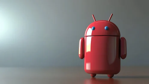 Red glossy android robot figure on plain studio surface.