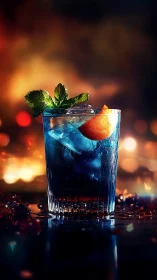 Deep Blue Cocktail with Citrus Garnish Against Warm Bokeh Backdrop.