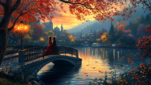 Autumn Bridge at Dusk with Castle Silhouette.