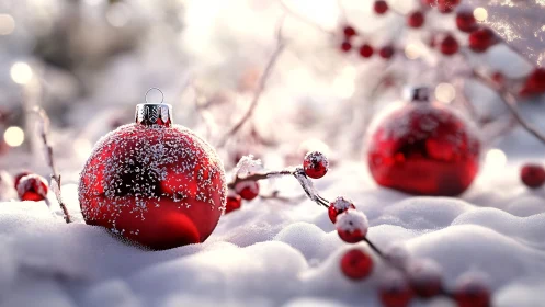 Macro depth-of-field study of snow-dusted red glass ornaments
