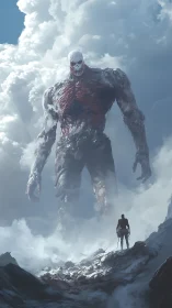 Giant skeletal humanoid confronting lone figure in misty valley.