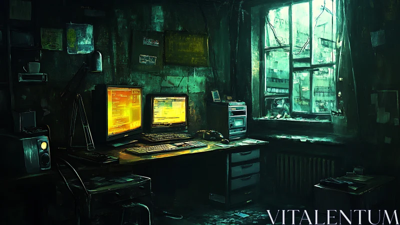 Hacker workstation glows in decayed neon-lit apartment.