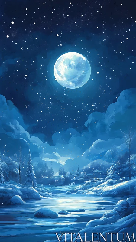 Moonlit winter river under luminous celestial sky panorama.