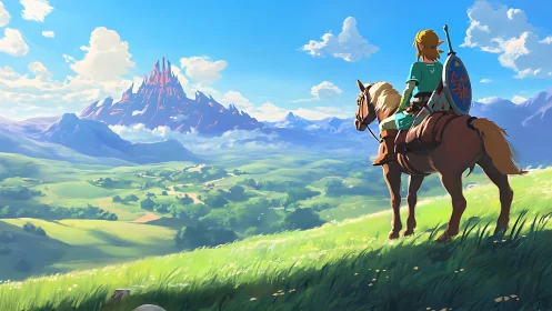 Rider on hillside surveys stylized valley and distant volcano