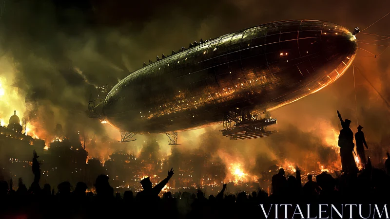Steampunk zeppelin crosses burning city amid silhouetted uprising
