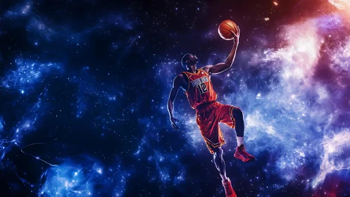 Soaring basketball player rises like a bright comet in space