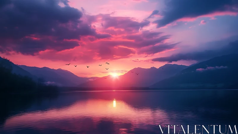 Sunset over calm lake with silhouetted distant mountains.