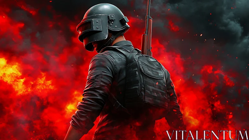 Armored figure with rifle amid dense red explosive smoke.