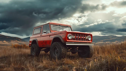 Classic red off-road SUV stands bold beneath stormy skies