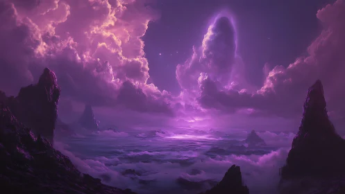Celestial violet cloudscape over alien mountain sea scene.