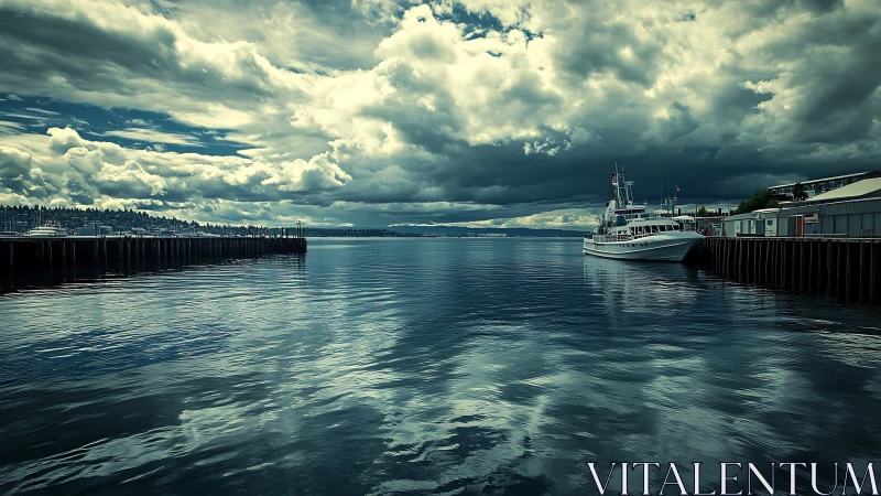 Storm-lit harbor water mirrors dramatic layered clouds.