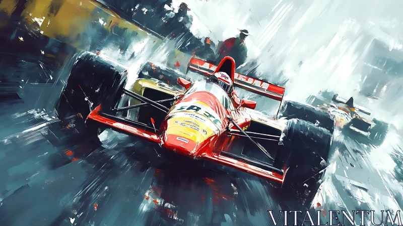 Red formula race car speeding through wet urban circuit.