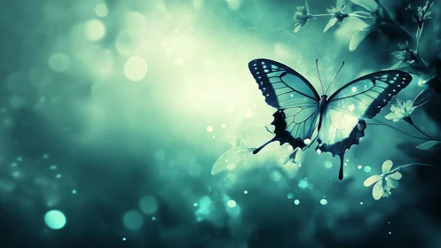 Butterfly glows over teal bokeh garden in ethereal light.