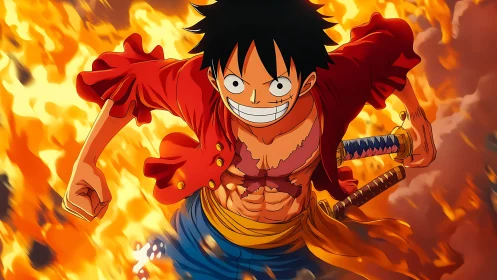 Fiery anime hero charging forward through blazing flames.