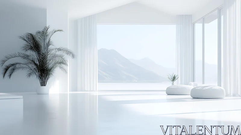 Minimalist white living room opens to serene mountain view.