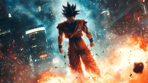 Backlit anime warrior amid explosive neon city skyline