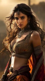 Cinematic desert portrait of jewel-adorned warrior woman.