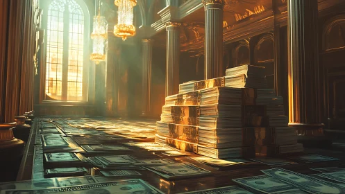 Towering cash stacks glow under grand golden chandeliers.