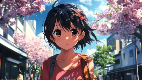 Spring stroll beneath cherry blossoms with a curious gaze.