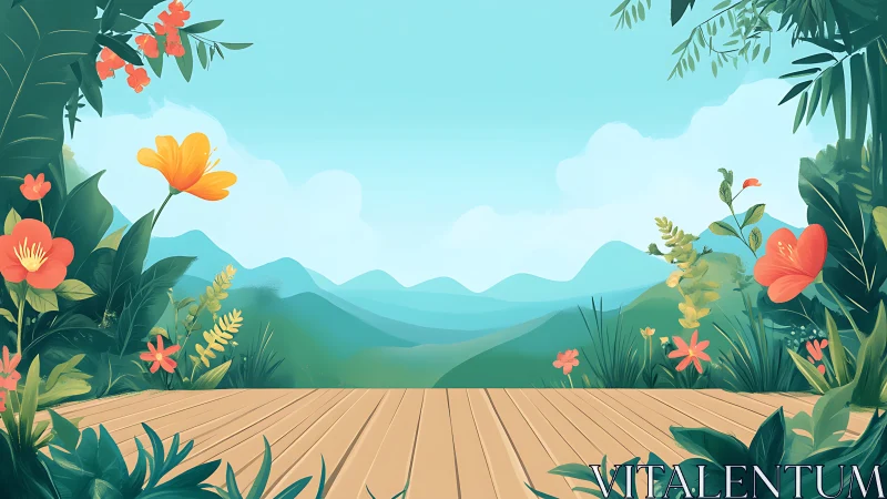 Tropical floral terrace overlooking layered blue mountains.