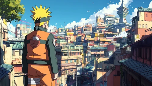 Anime character overlooking dense urban hillside settlement.