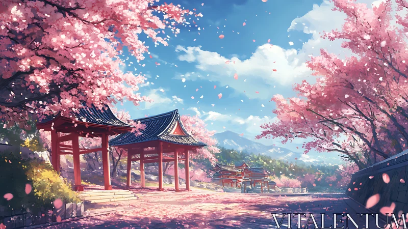 Cherry blossom shrine path under radiant spring sky.