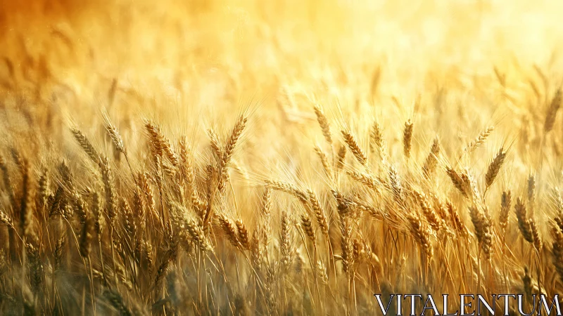 Mature wheat heads occupy sunlit field under shallow focus
