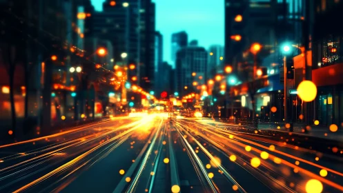 Glowing city traffic streaks paint a lively urban night