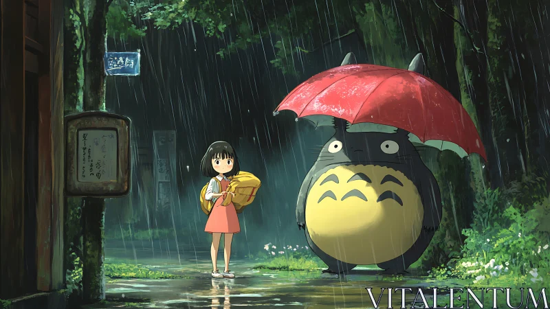 Girl and large forest creature wait at rainy bus stop.