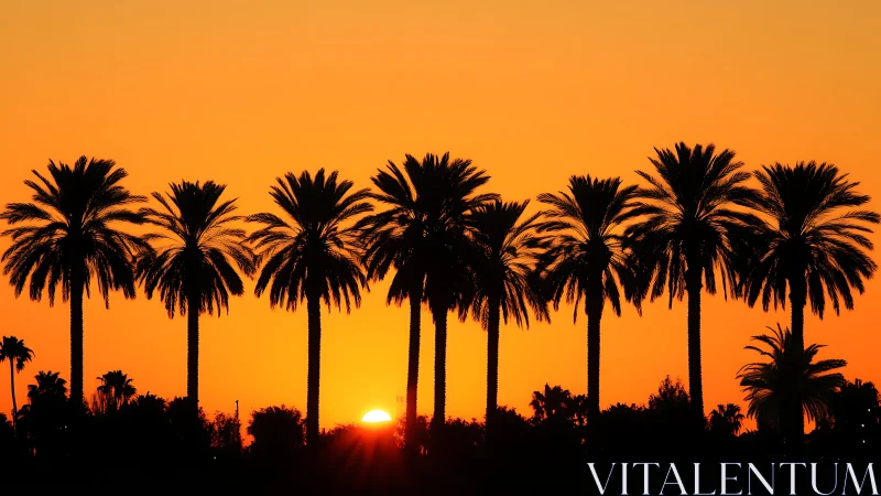 Palm tree silhouettes frame vivid orange coastal sunset.