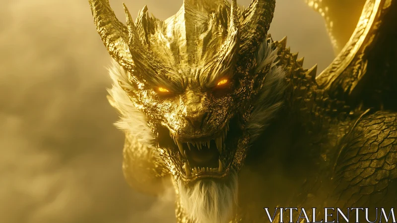 Golden armored dragon roars amid cinematic haze and light.