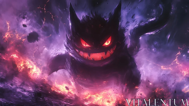 Playful shadow creature racing through violet stormfire.