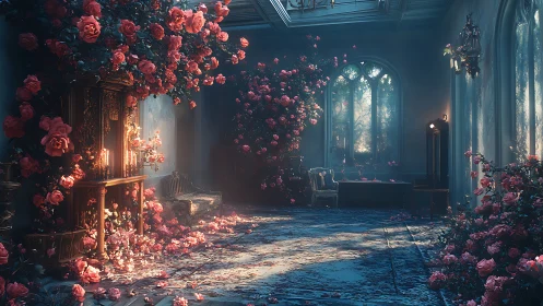 Luxurious interior hallway with cascading roses and architectural lighting