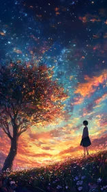 Twilight hillside silhouette under radiant star-filled sky.