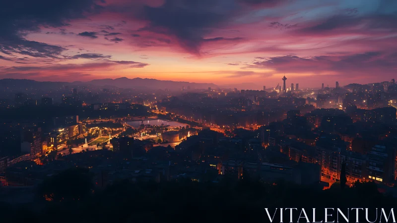 Digital painting twilight metropolis with cinematic haze layering.