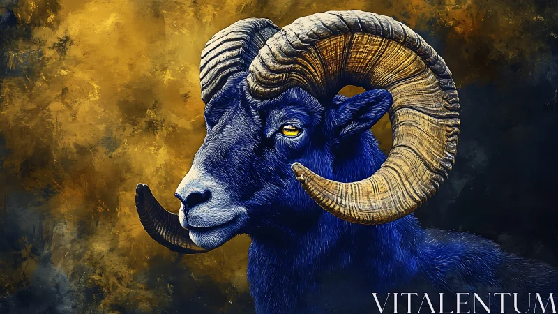 Midnight blue ram portrait with golden textured bokeh background.