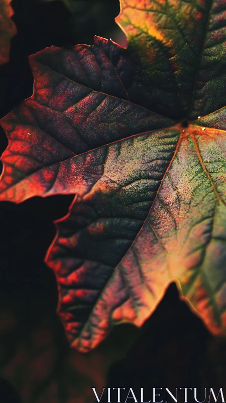 Macro autumn leaf glows under dramatic low warm light.