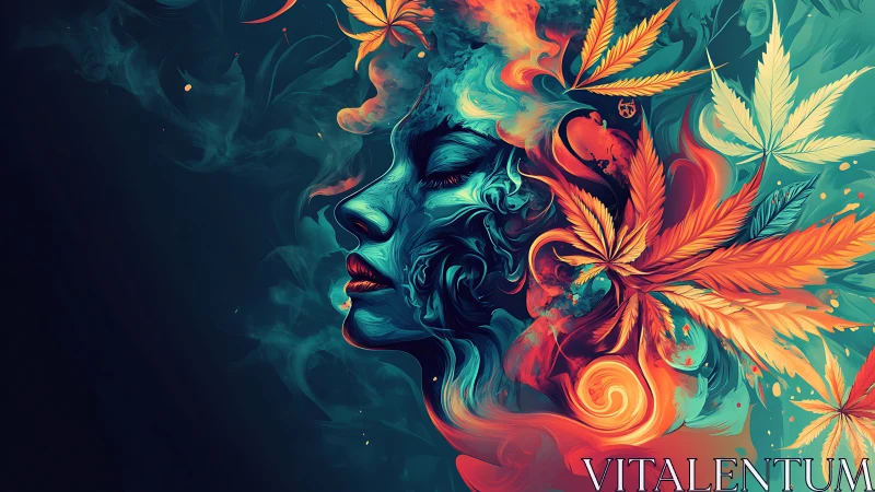 Surreal female profile with swirling cannabis leaves.